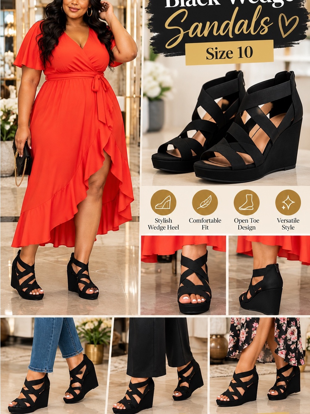 Black Wedge Sandals for Women - Comfortable Strappy Open Toe